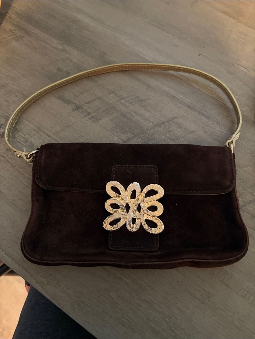kate spade Dark Brown Suede Clutch with Gold Floral Accent